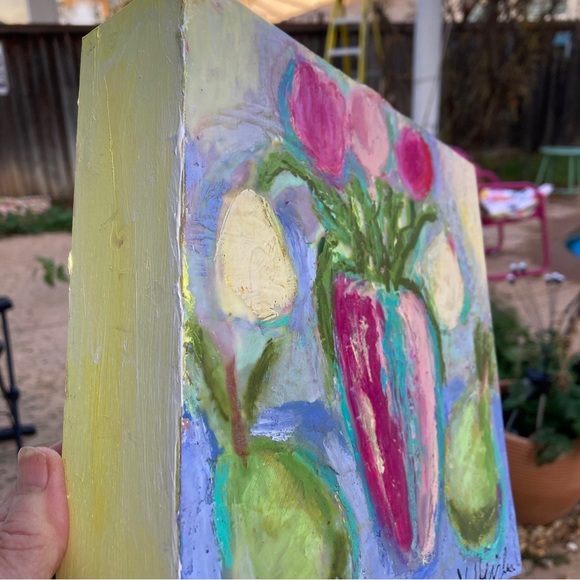 Hand painted Tulips and Pear still life Painting Oil and Encaustic8”x8”Original - Picture 10 of 13